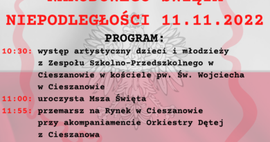 Plakat zapraszający na uroczystości 11 listopada w Cieszanowie.